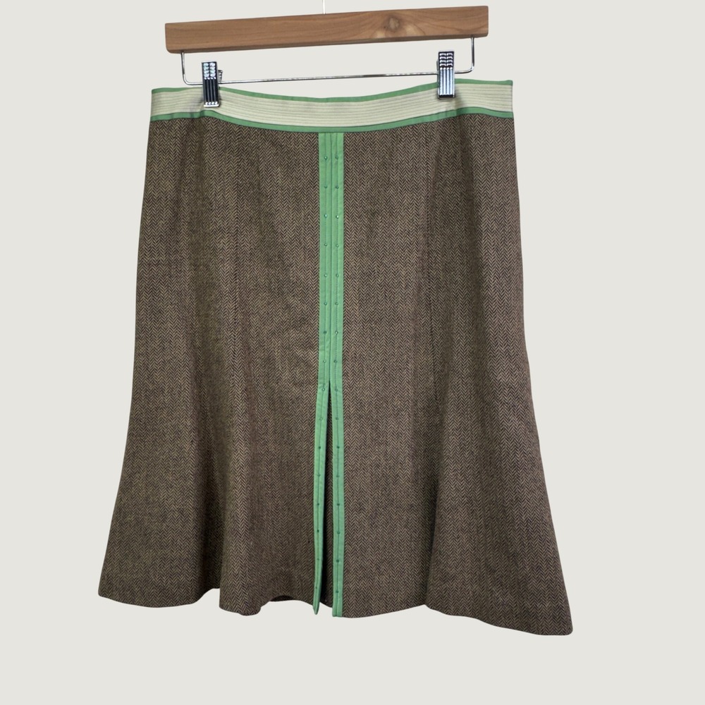Ann Taylor LOFT Womens Herringbone Wool Blend A-Line Skirt Green Trim Brown 8